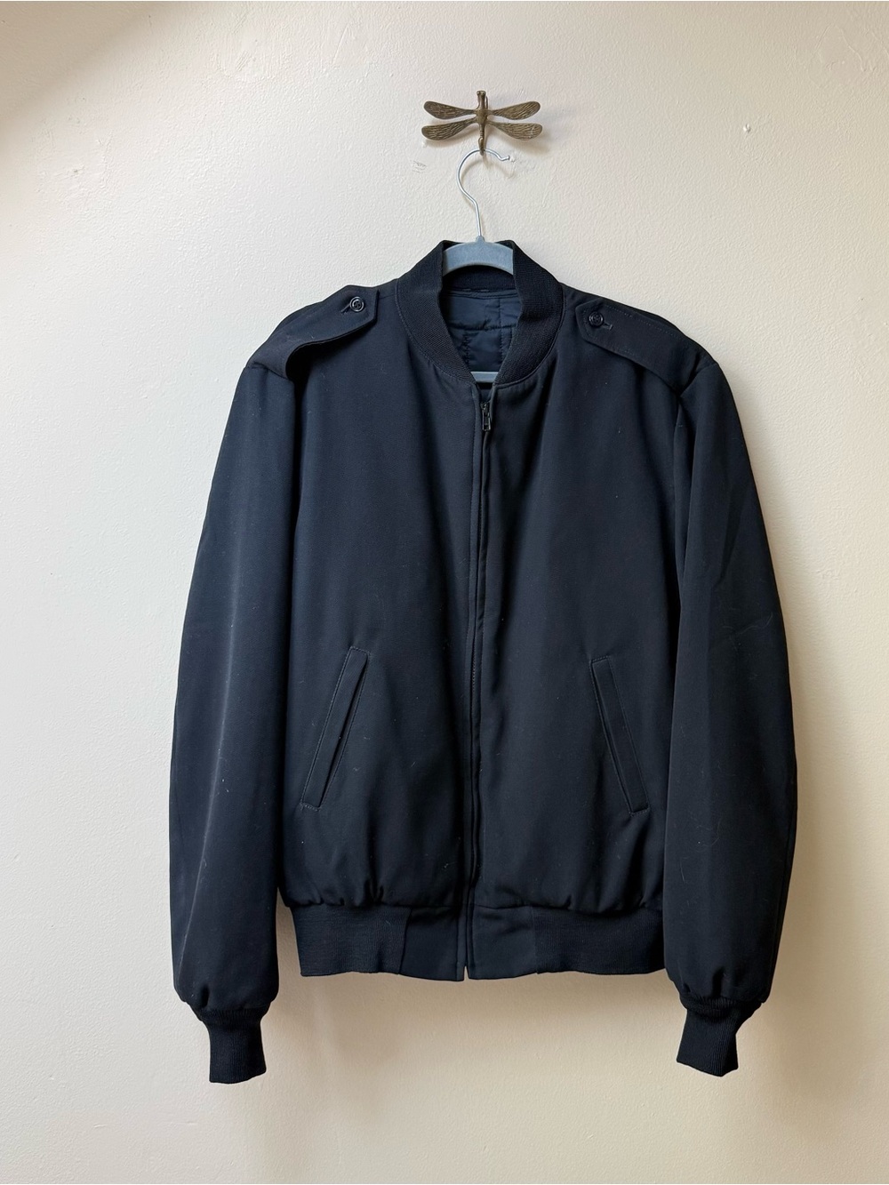 Men's Black Wool Officer Bomber Jacket with Removable Liner